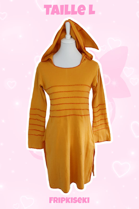 Robe à capuches jaune et rayure orange