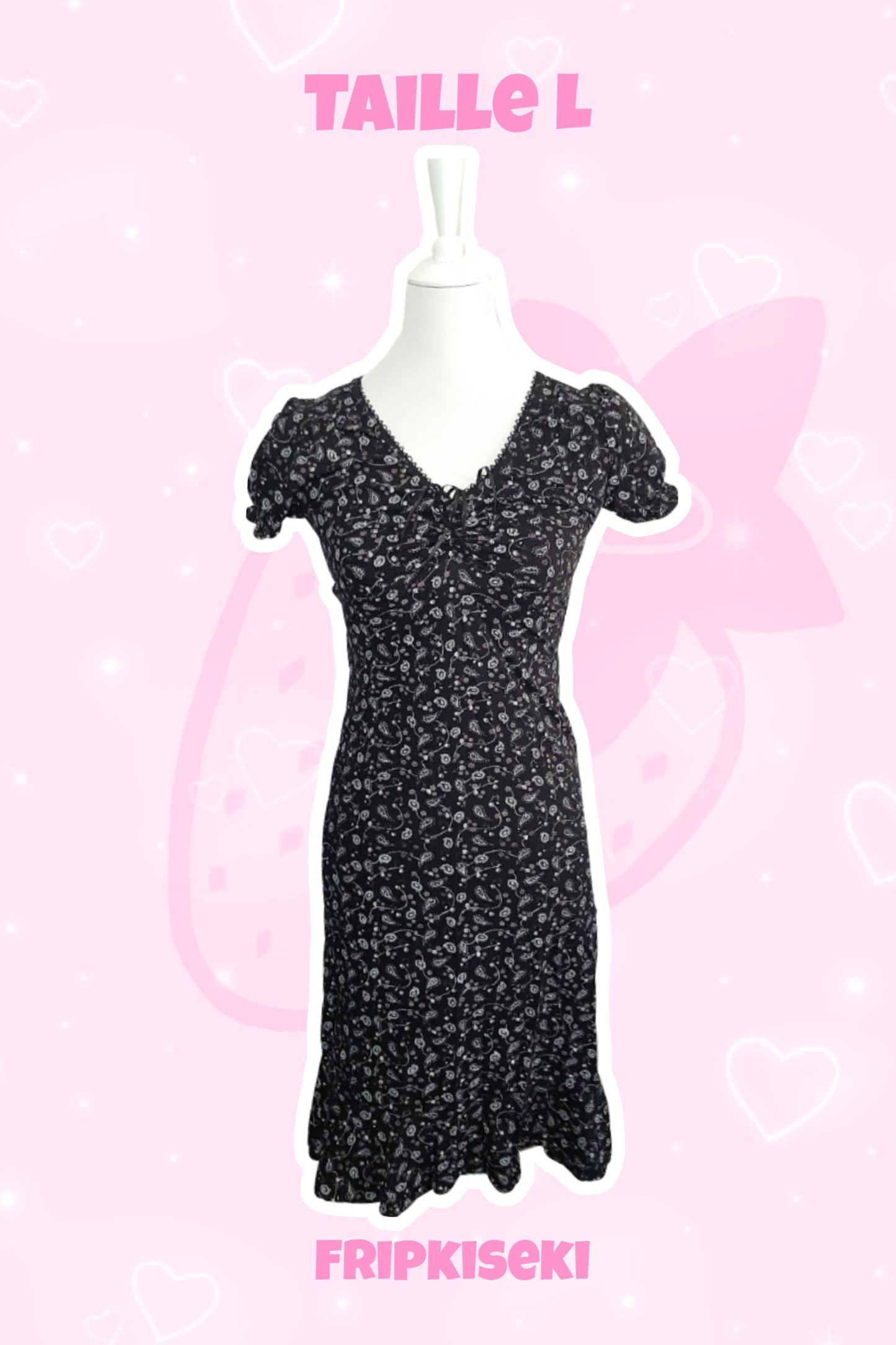 Robe noir motif fleuri rose