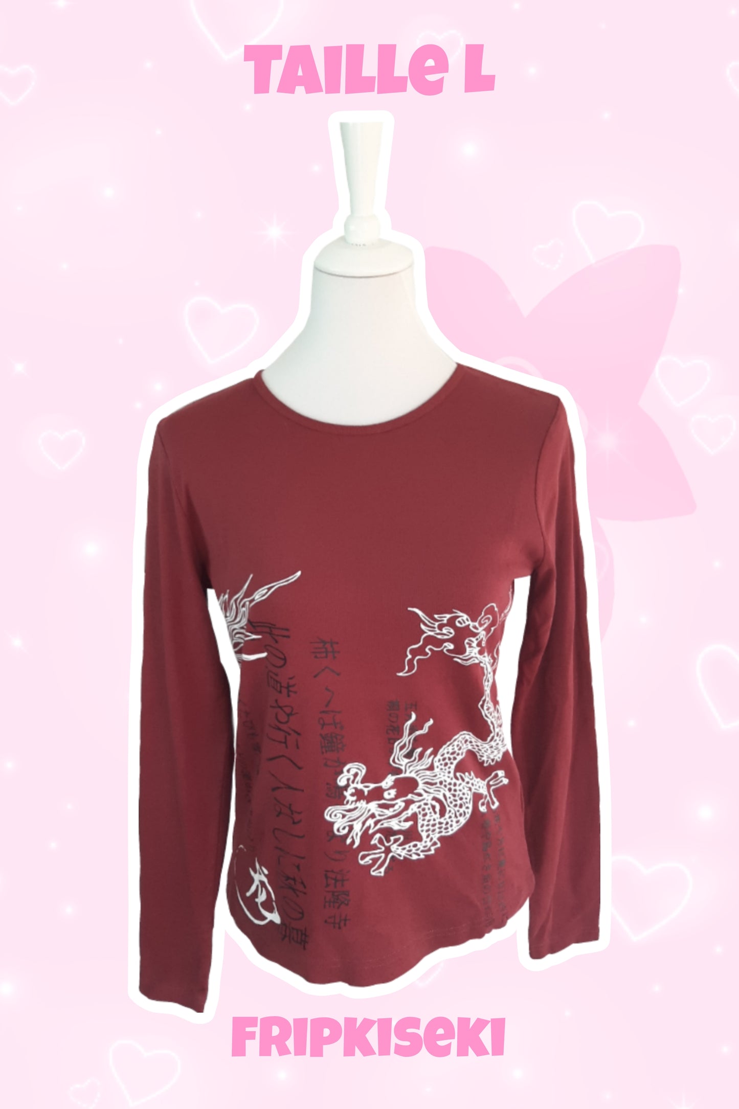 Top manche longue rouge motif asiatique