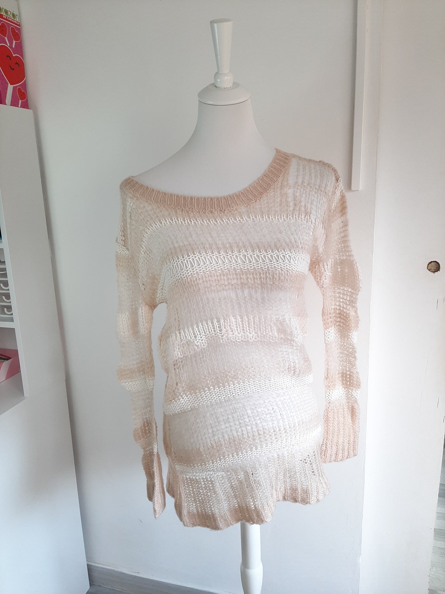 Long pull en maille à rayure blanc et beige