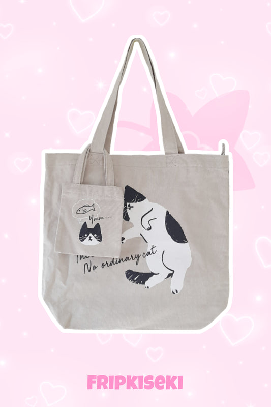 Tote bag beige imprimé chat noir et blanc + mini sac