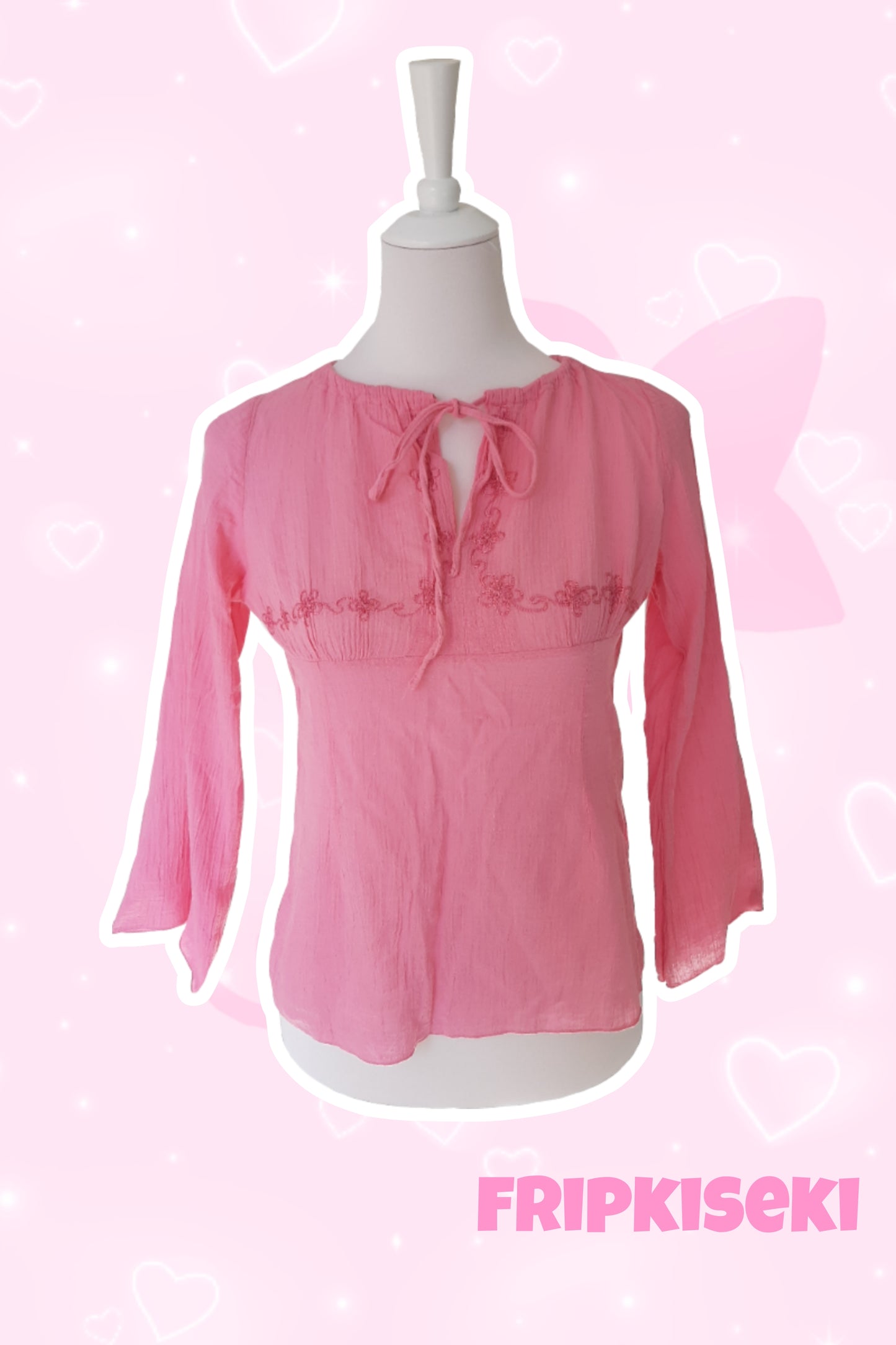 Top manche évasé rose avec broderie fleuri