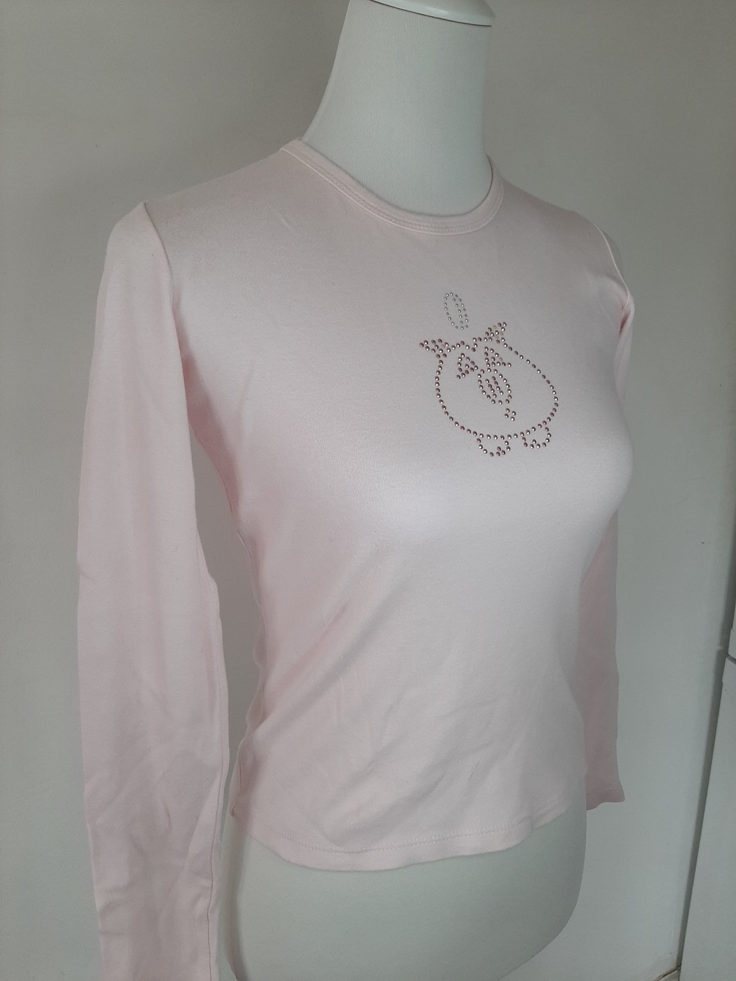 Top manche longue rose strass en forme de tirelire cochon