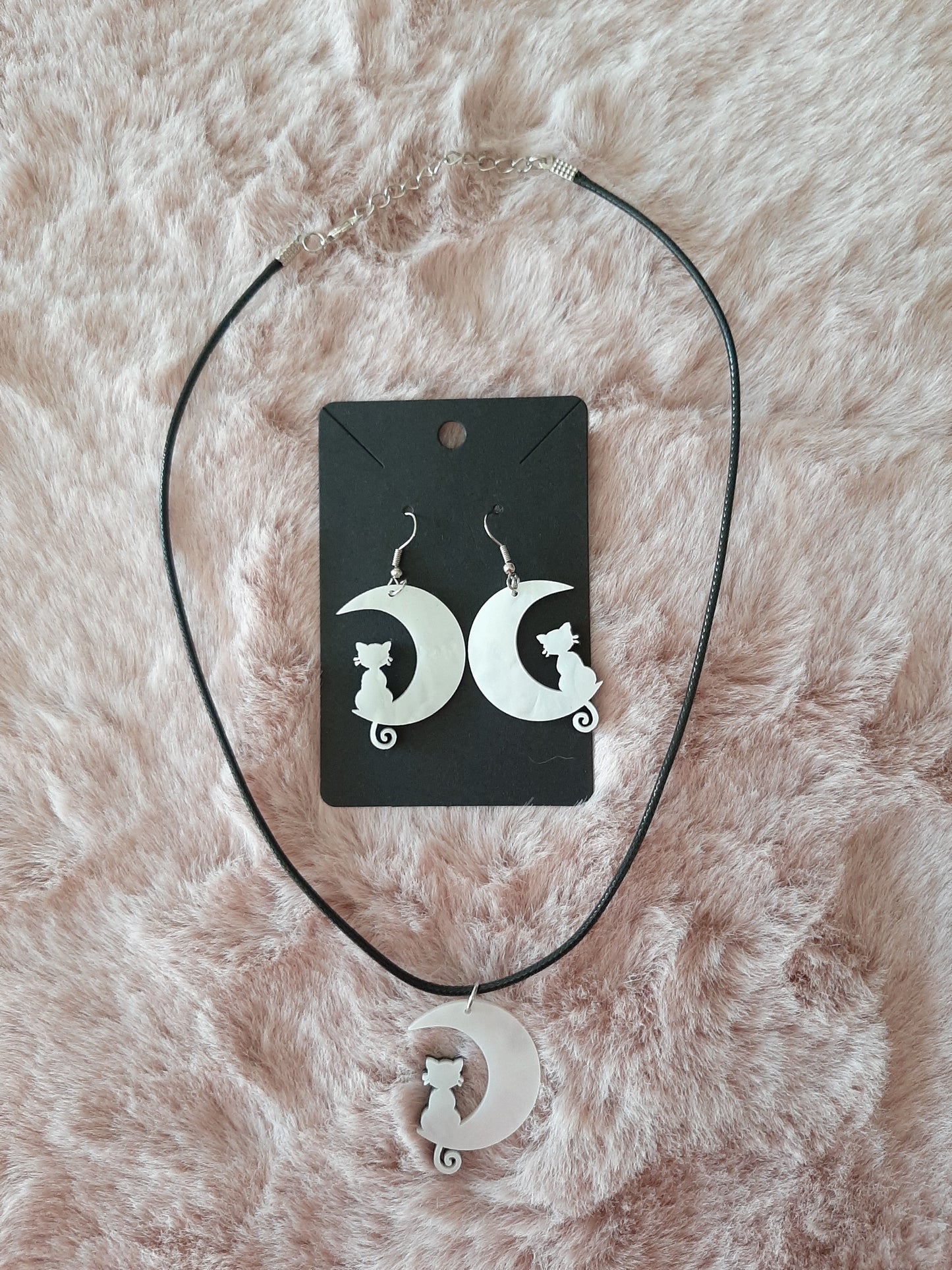 Ensemble bijoux Collier et boucles d'oreilles lune et chat