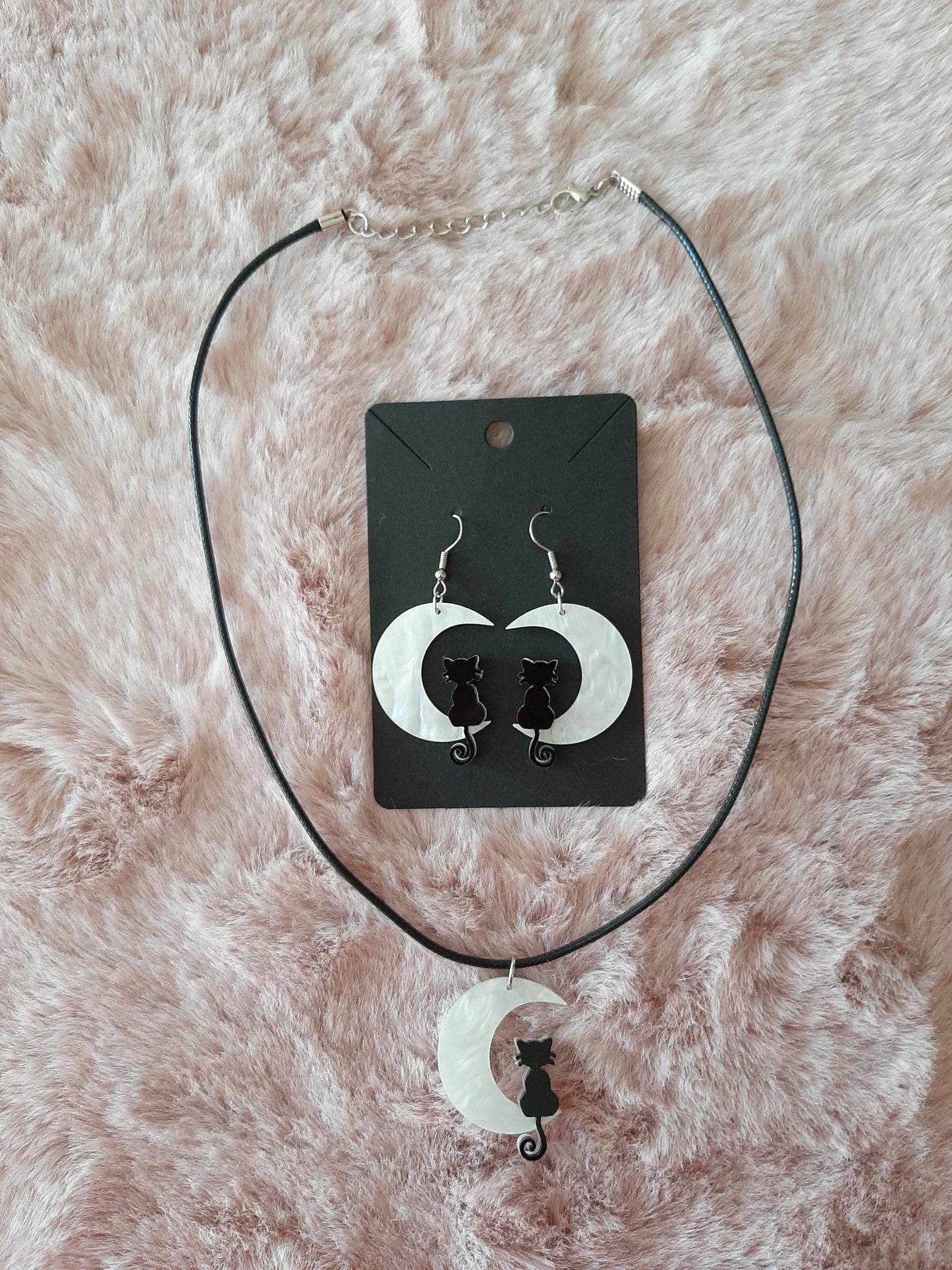 Ensemble bijoux Collier et boucles d'oreilles lune et chat