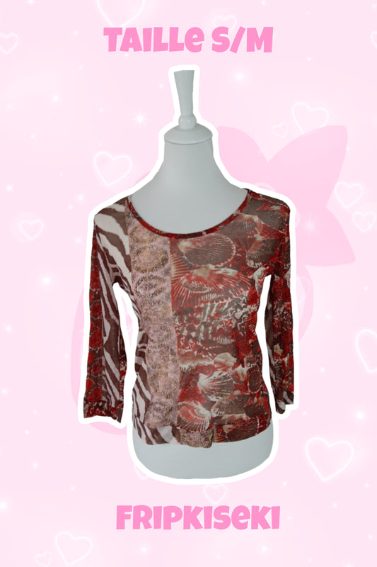 Top en mesh motif animal rouge